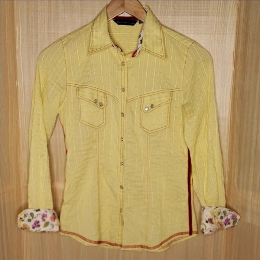 Georg Roth Yellow Button Down Shirt with Floral Accents - Picture 1 of 9